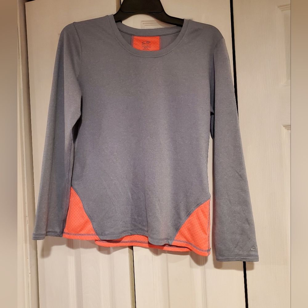 Champion Duo Dry Grey and neon coral colored long sleeve athletic top Medium